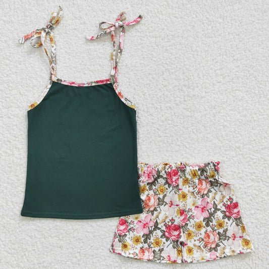 GSSO0217 Green Sleeveless Flower Print Summer Baby Girls Set