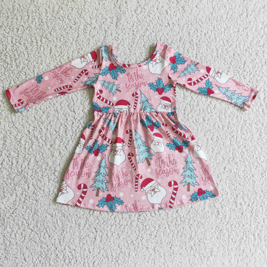 GLD0149 Pink Santa Christmas Tree Girls Dress