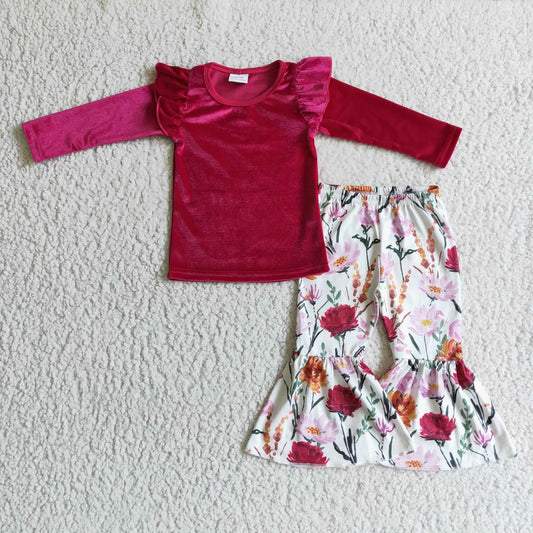 GLP0221 Hot Pink Velvet Floral Pants Girls Set
