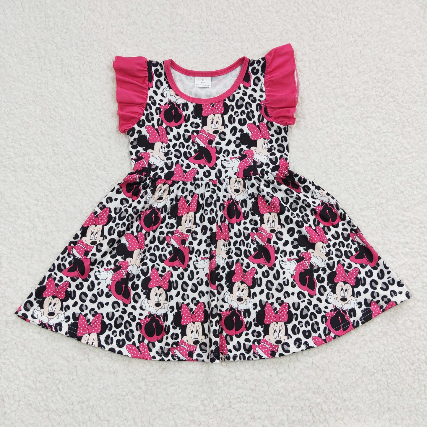 GSD0214 Hot Pink Flutter Sleeve Black Leopard Print Cartoon Baby Girls Twirl Dress