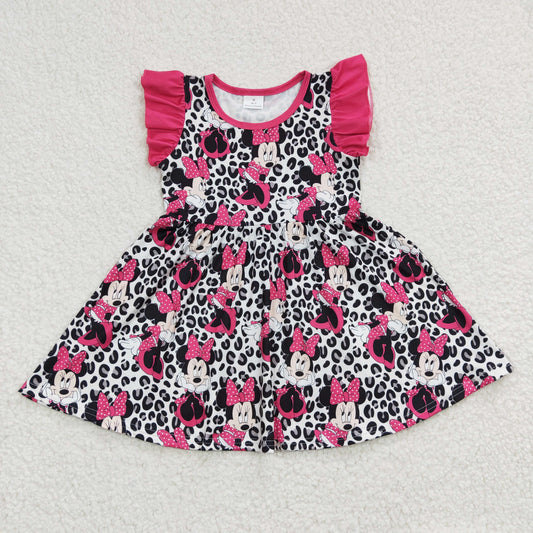 GSD0214 Hot Pink Flutter Sleeve Black Leopard Print Cartoon Baby Girls Twirl Dress