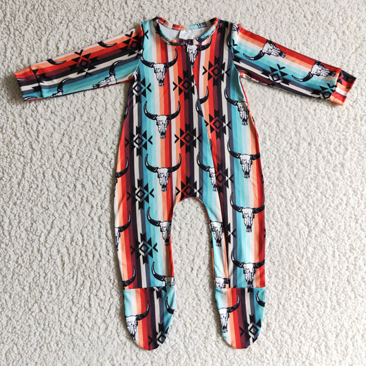 LR0169 Western Cow Skull Tie Dye Zipper Long Sleeve Romper
