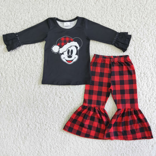 Christmas Cartoon Long Sleeve Plaid Print Bell-bottom Sets