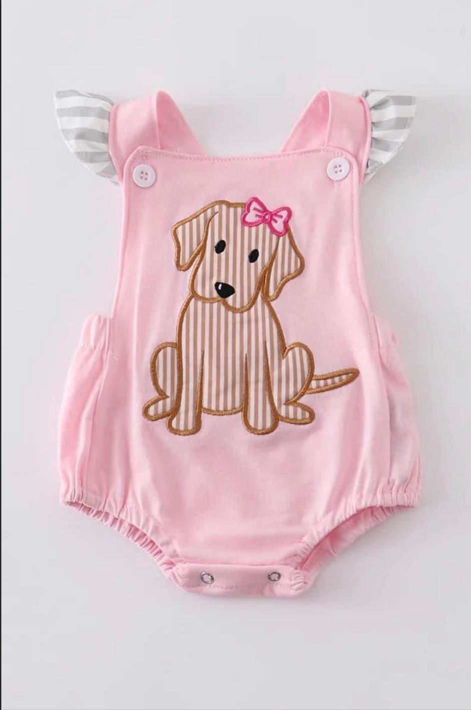 SR0303 Pink Embroidery Dog Summer Baby Kids Romper