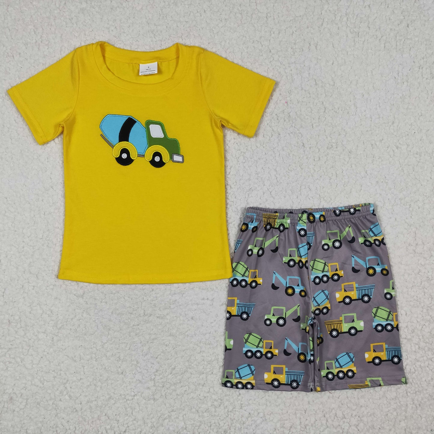 BSSO0186 Yellow Embroidery Truck Boys Summer Set