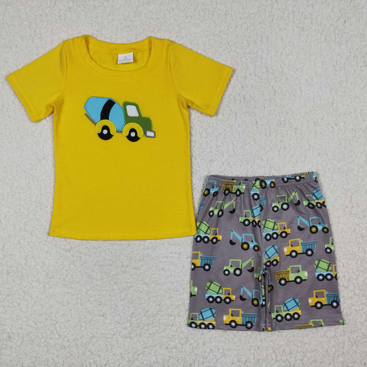 BSSO0186 Yellow Embroidery Truck Boys Summer Set