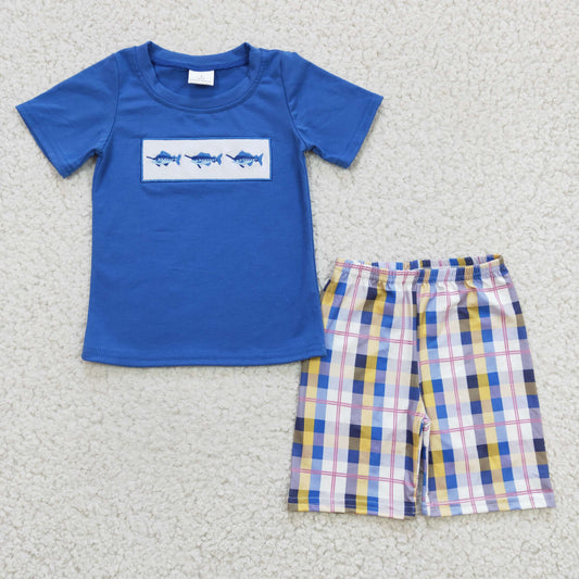 BSSO0125 Blue Shark Short Sleeve Embroidery Plaid Print Shorts Boys Set