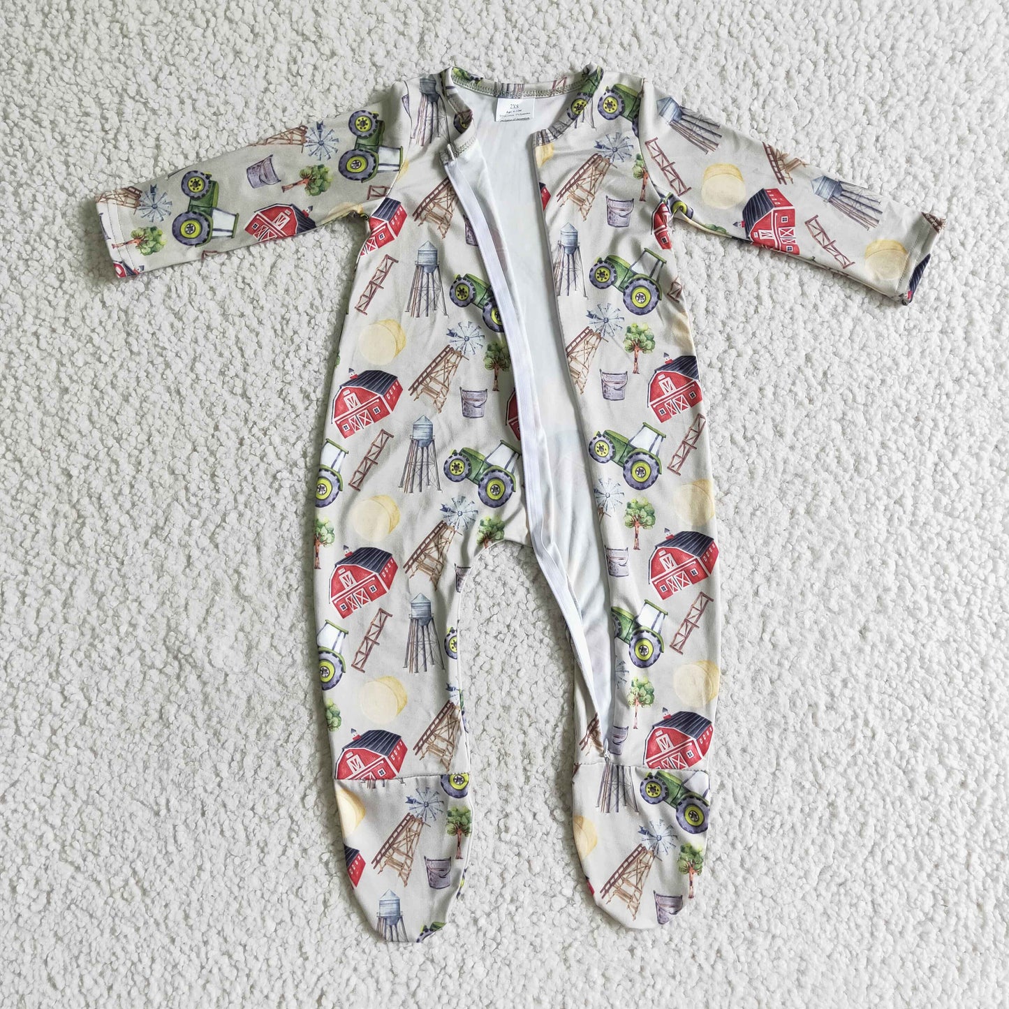 LR0099 Farm house tractor long sleeve zipper baby girls romper