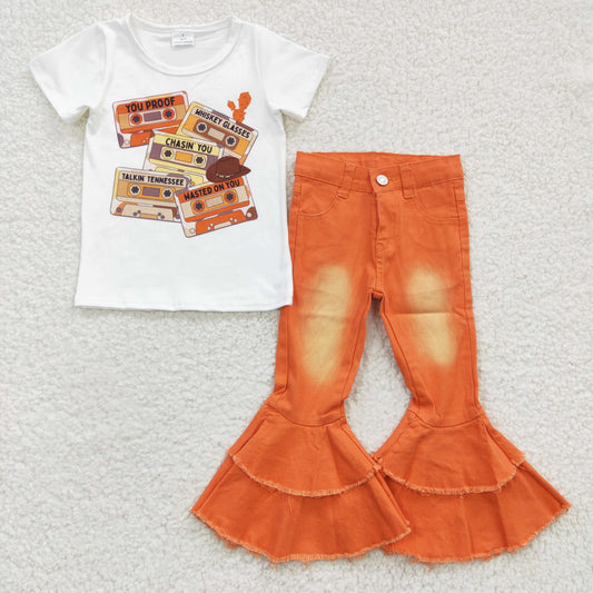 GSPO0547 Tape Short Sleeve Orange Denim Jeans Baby Girls Outfits