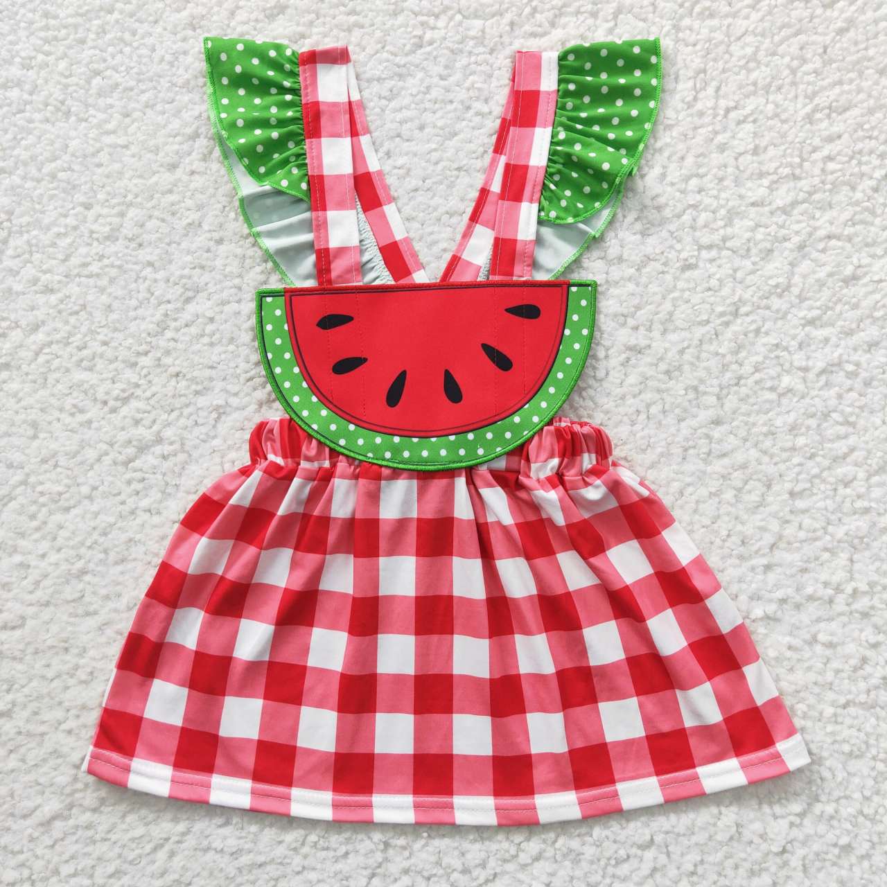 GSD0234 Green Flutter Sleeve Watermelon Embroidery Red Plaid Girls Dress
