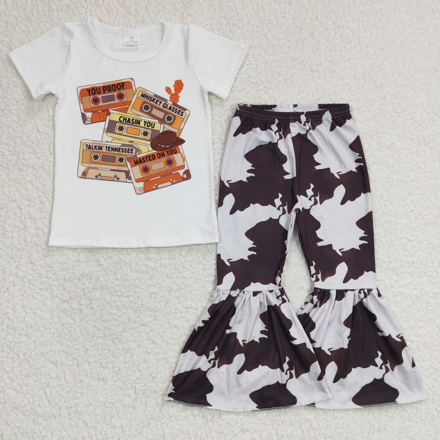 GSPO0468 You Proof Tape Short Sleeve Cow Print Girls Set