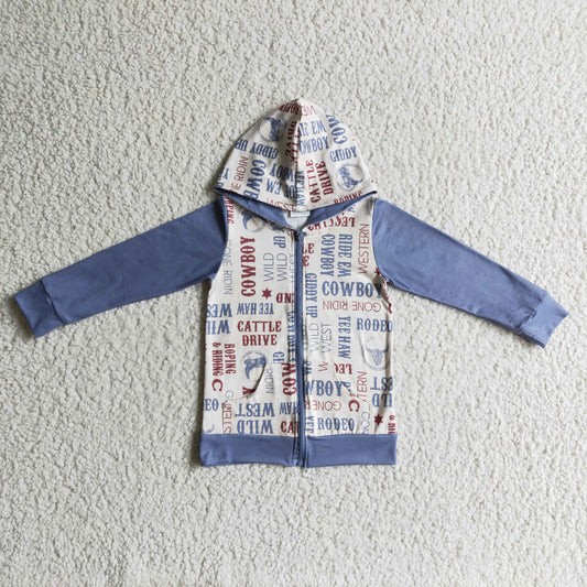 BT0084 Western Cowboy Blue Zipper Hoodie Long Sleeve Boys Coat