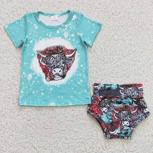 GBO0070 Blue Highland Cow Heifer Girls Bummies Set
