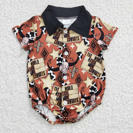 SR0193 Western Cow Skull Cactus Kids Bummies Romper