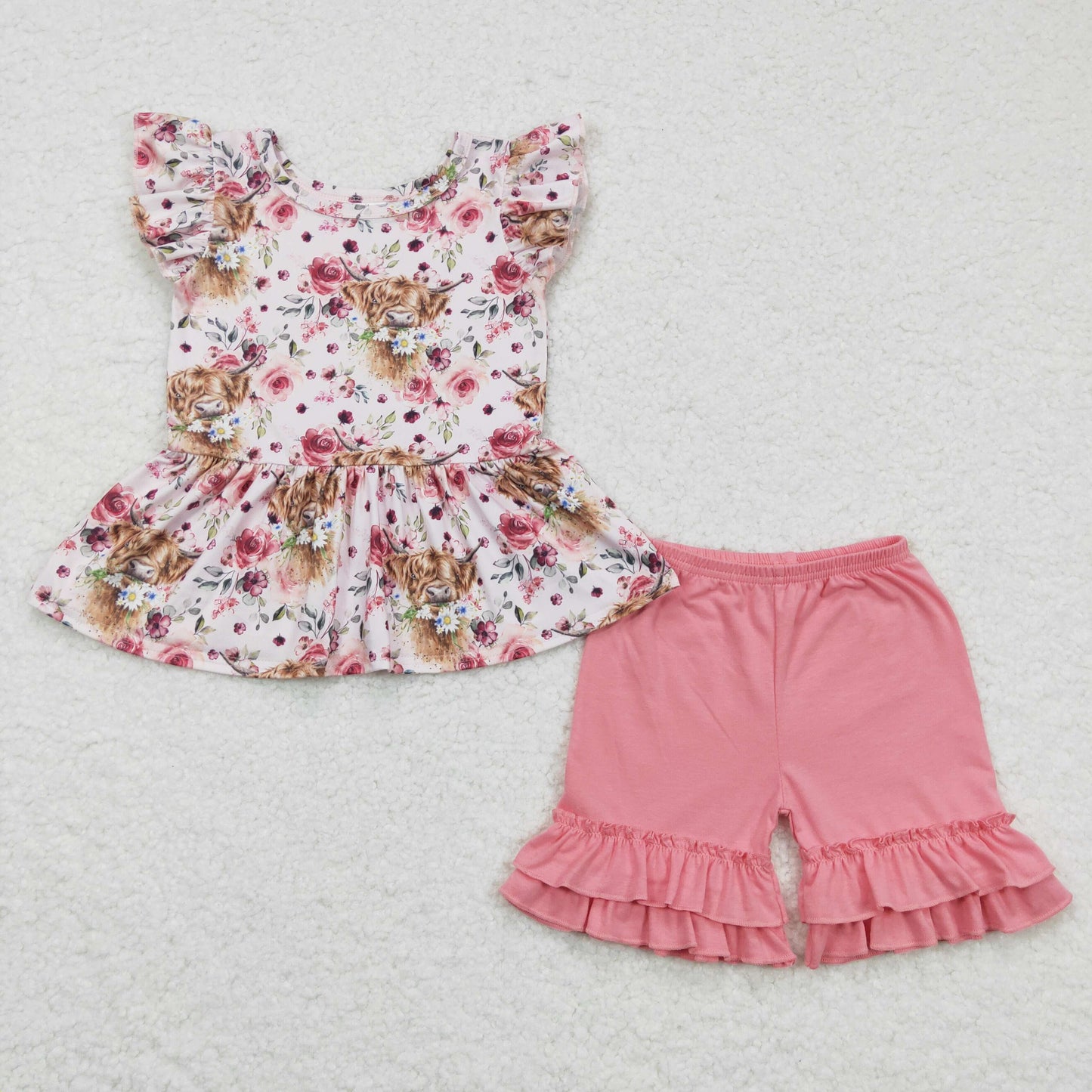 GSSO0133 Flower Highland Cow Heifer Pink Shorts Kids Set