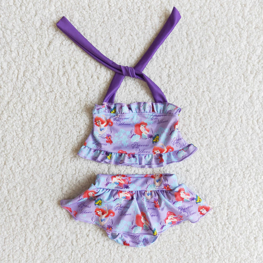 2 Pcs Purple Princess Cartoon Girls Bathing Suits Swimsuits