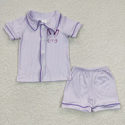 BSSO0105 Purple Striped Print Easter Bunny Baby Boys Shorts Pajamas