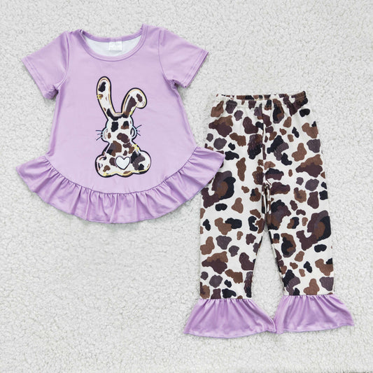 GSPO0238 Easter Purple Rabbit Leopard Pants Bunny Girls Set