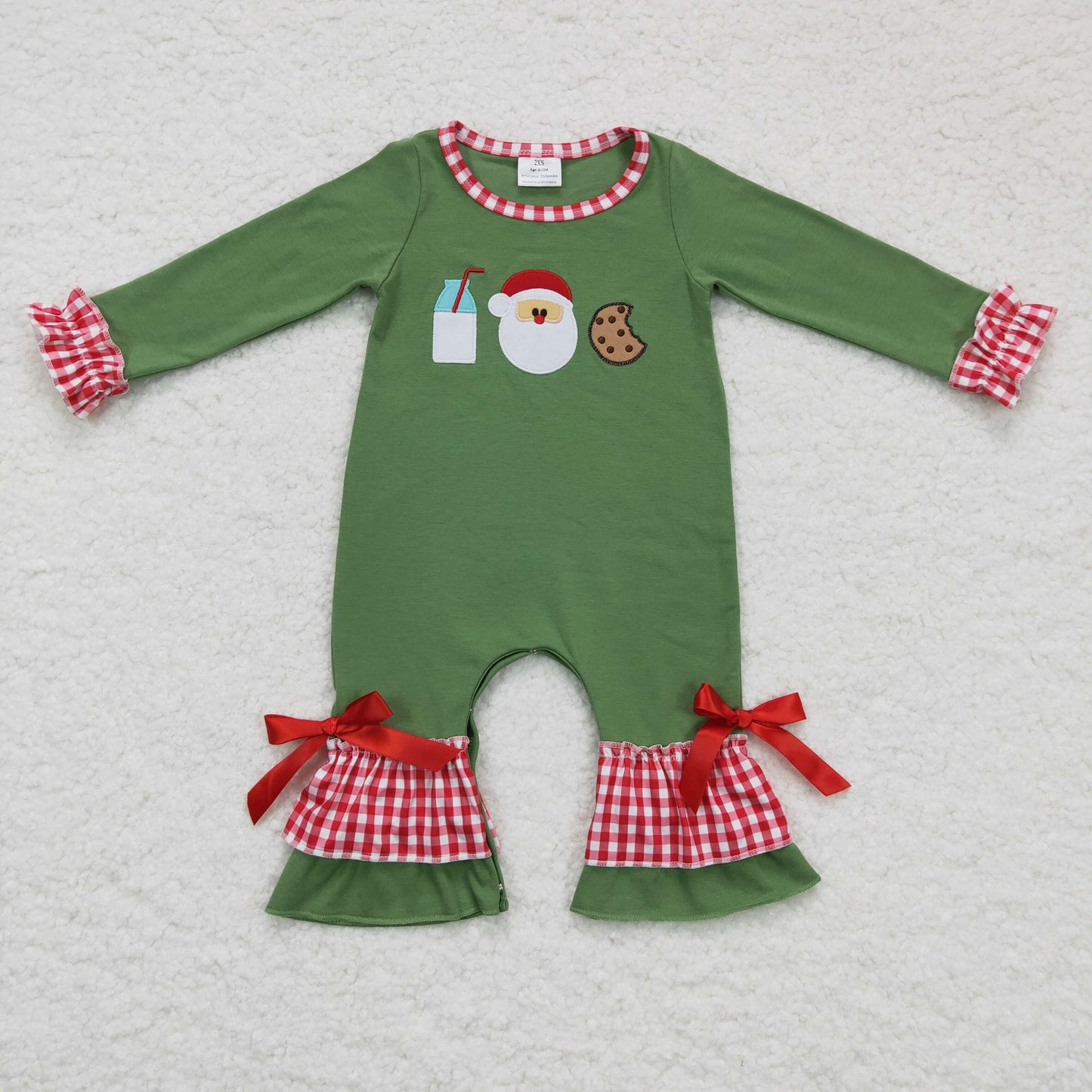 LR0233 Green Christmas Milk Santa Cookie Embroidery Romper