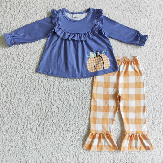 GLP0253 Fall Pumpkin Orange Plaid Print Girls Set