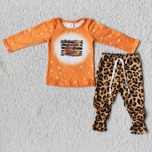 Fall Long Sleeve Orange Bleach Design Pumpkin Match Leopard Print Stack Pants Sets