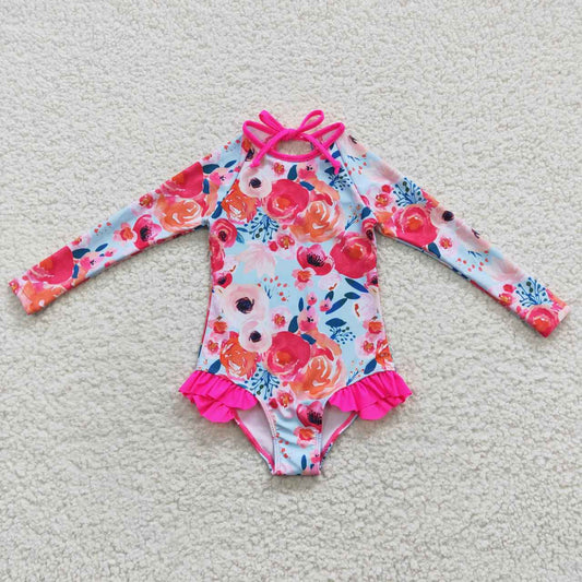 S0083 Hot Pink Flower Girls Long Sleeve Bathing Suits Swimsuits
