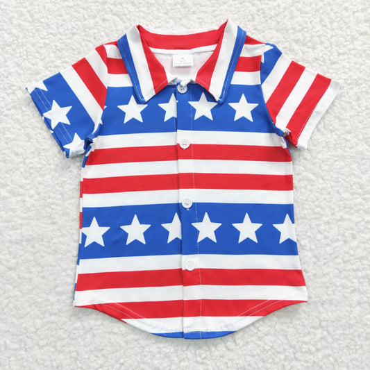 BT0196 4th Of July Stars & Striped Print Short Sleeve Boys Shirts Top