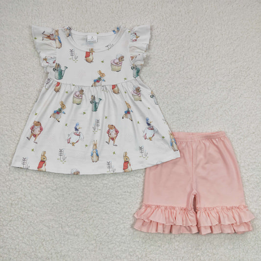 GSSO0154 Easter Bunny Flutter Sleeve Pink Shorts Girls Set