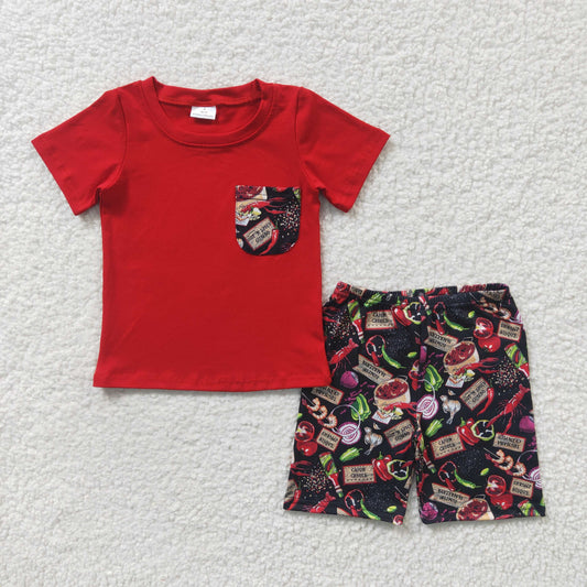 BSSO0165 Red Short Sleeve Crawfish Pocket Boys Shorts Summer Set