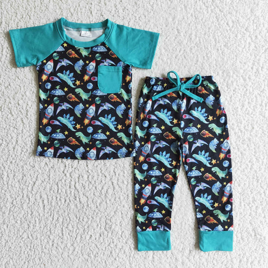 BSPO0024 Blue Dino Print Boys Pocket Outfits