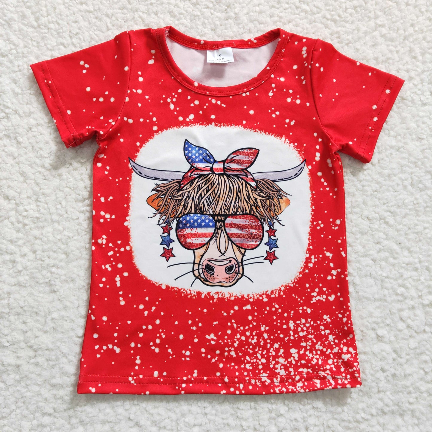 GT0114 Red Bleach Design Heifer Highland Cow 4th of July Kids Shirts Top
