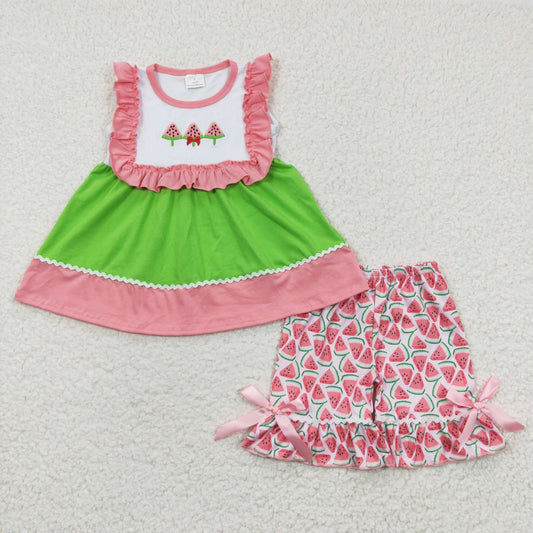 GSSO0179 Watermelon Embroidery Sleeveless Pink & Green Summer Baby Girls Set