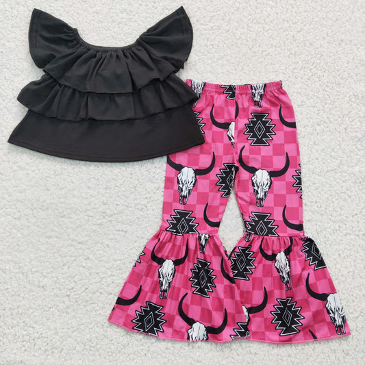 GSPO0314 Black Off Shoulder Hot Pink Cow Skull Baby Girls Outfits