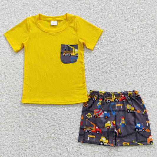 BSSO0231 Yellow Short Sleeve Construction Pocket Summer Boys Set