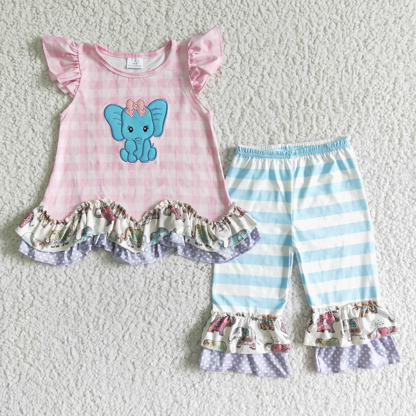 GSSO0104 Embroidery Elephant Blue Striped Print Girls Set