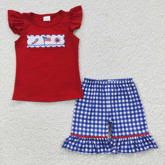 GSSO0193 4th Of July Red Embroidery Short Sleeve Girls Set