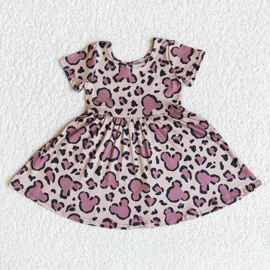 Cartoon Baby Girls Short Sleeve Leopard Print Twirl Dress