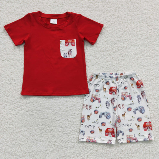 BSSO0120 Red Short Sleeve Farm Boys Summer Pocket Set