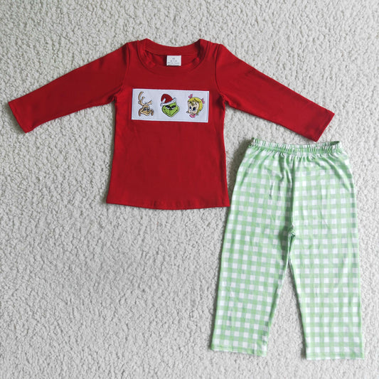 BLP0006 Christmas Embroidery Cartoon Green Boys Outfits