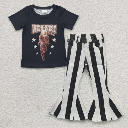 GSPO0500 Wild West Horse Black Striped Print Denim Jeans Girls Set