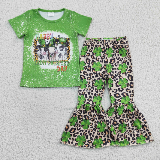 GSPO0329 Green Happy St. Patrick's Day Cow Baby Girls Outfits
