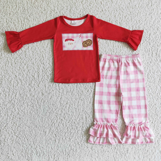 GLP0285 Christmas Santa Milk Cookie Pink Plaid Girls Set