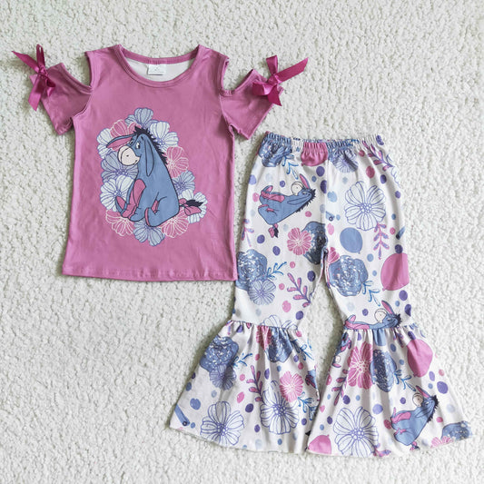 GSPO0144 Purple Cartoon Flower Donkey Kids Outfits