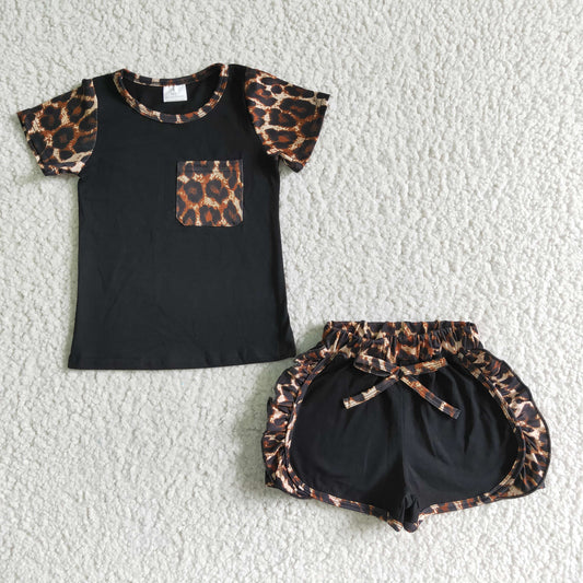 C4-12 Leopard Print Black Summer Girls Sport Set