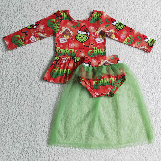 GLD0091 Green Christmas Cartoon Girls Tutu Bummies Set