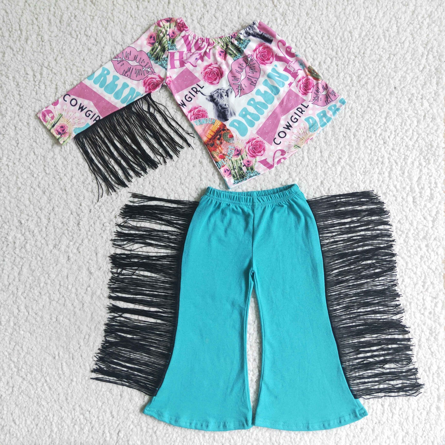 GSPO0141 Western ciw girl darlin flowers tassels long sleeve blue tassels pants girls set
