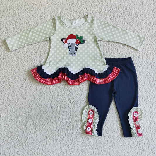 GLP0036 Christmas Embroidery Cow Ruffles Girls Outfits