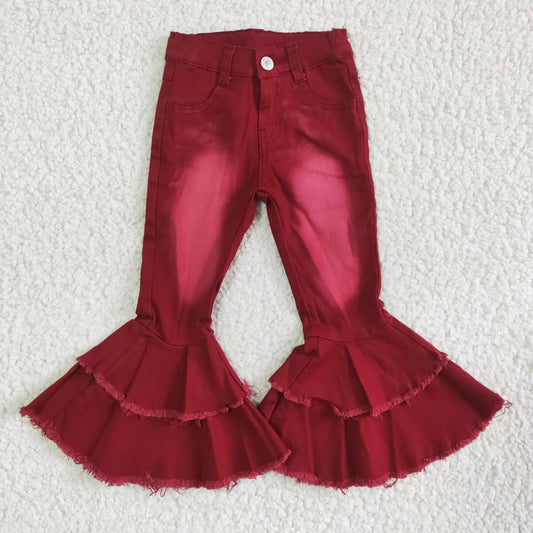 P0004 Wine Red Double Ruffles Denim Jeans