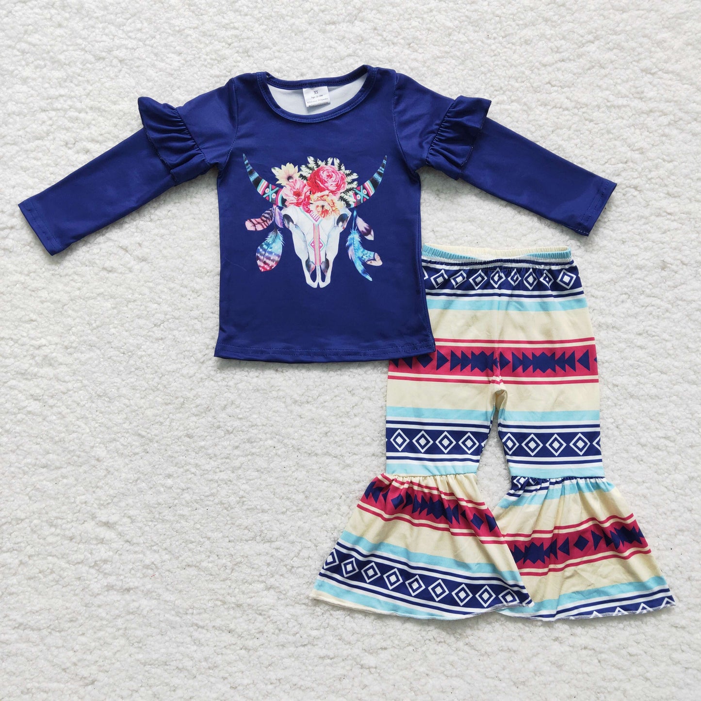 GLP0055 Navy Cow Skull Flower Baby Girls Outfits