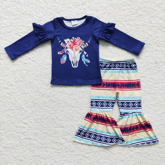 GLP0055 Navy Cow Skull Flower Baby Girls Outfits